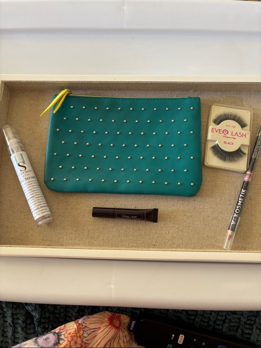 ipsy Teal Studded Makeup Pouch with Yellow Zipper Pull and Samples.